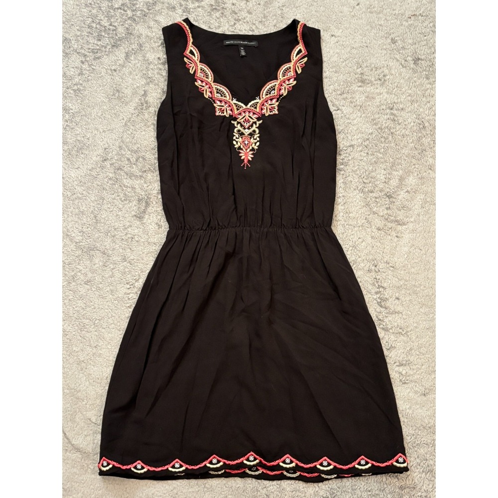 White House Black Market Dress Womens XS Shift Embroidered Stretch V-Neck Boho